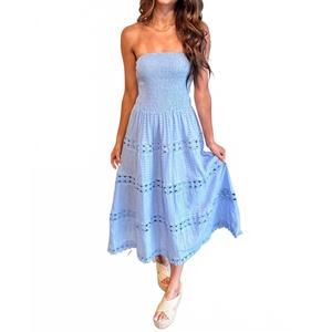 NEW MAIN STRIP tube smocking lace boarder midi dress in blue